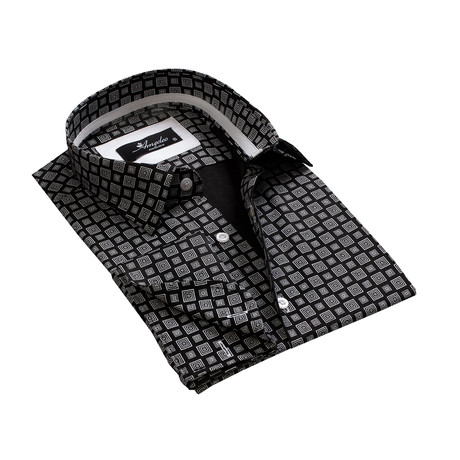 Reversible French Cuff Dress Shirt //  Black + Gray Squares Print (L)
