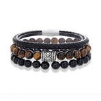 Leather + Stone Beaded Bracelet // Brown + Black // Set of 3