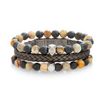 Beaded ID Plate Leather Trio Bracelet Set