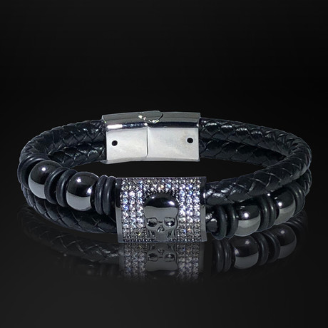 Hematite + Clear Crystal + Skull + Hand Woven Stacked Leather Bracelet // Black