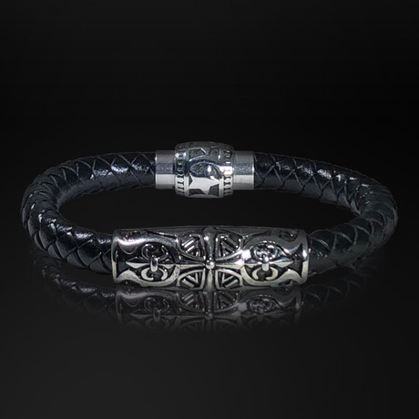 Stainless Steel Fleur De Lis + Hand Woven Leather Bracelet // Black