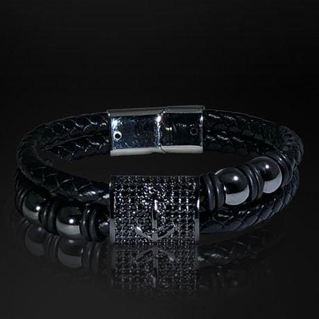Hematite + Black Crystal + Anchor + Hand Woven Stacked Leather Bracelet // Black