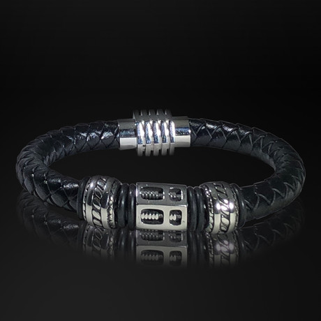 Stainless Steel Ring + Bolt + Hand Woven Leather Bracelet // Black