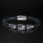 Stainless Steel Double Skulls + Hand Woven Leather Bracelet // Black