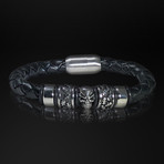 Stainless Steel Double Ring + Skull + Hand Woven Leather Bracelet // Black