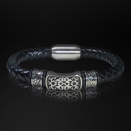 Stainless Steel Wave Shield + Hand Woven Leather Bracelet // Black