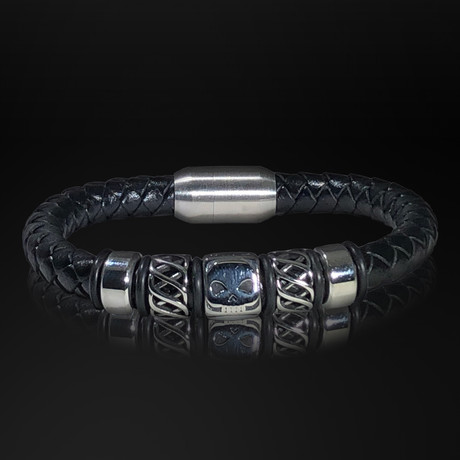 Stainless Steel Double Ring + Punisher + Hand Woven Leather Bracelet // Black