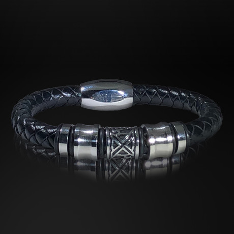Stainless Steel Power X + Hand Woven Leather Bracelet // Black
