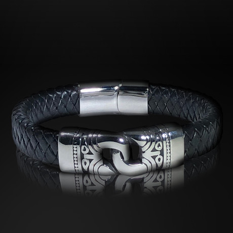 Stainless Steel Tribal Hand Cuff + Hand Woven Leather Bracelet // Black