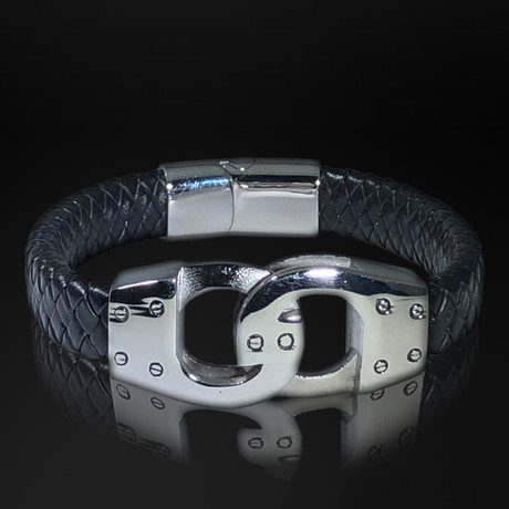 Stainless Steel Hand Cuff + Hand Woven Leather Bracelet // Black