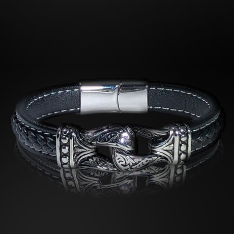 Stainless Steel Tribal Infinity Power + Hand Woven Leather Bracelet // Black