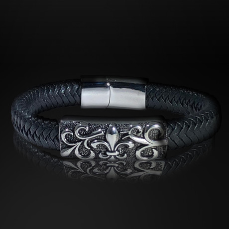 Stainless Steel Fleur De Lis Shield + Hand Woven Leather Bracelet // Black