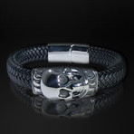 Stainless Steel Skull Shield + Hand Woven Leather Bracelet // Black