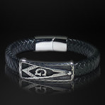Stainless Steel Free Mason Shield + Hand Woven Leather Bracelet // Black