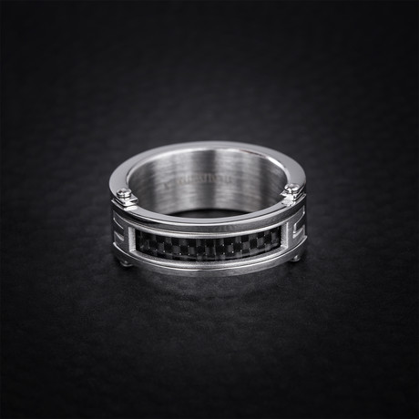 Carbon Fiber Screw Design Ring // Black + White (Size 9)