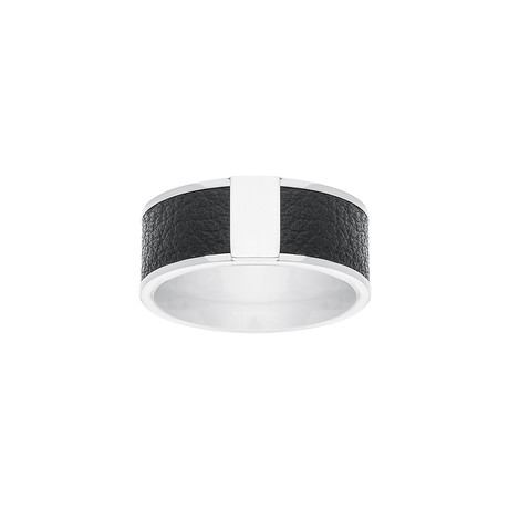 Textured Leather + Steel Ring // Black + White (Size: 9)
