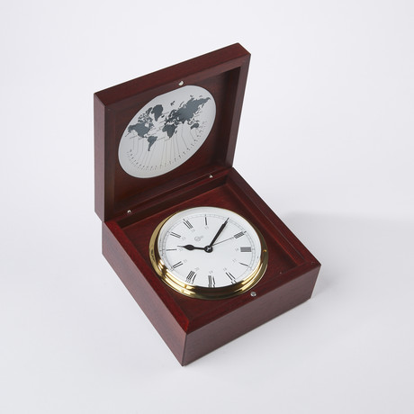 Brass Quartz Ship's Clock in Mahogany Box