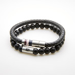 Braided Leather Rondel Bracelet // Black + White // Set of 2