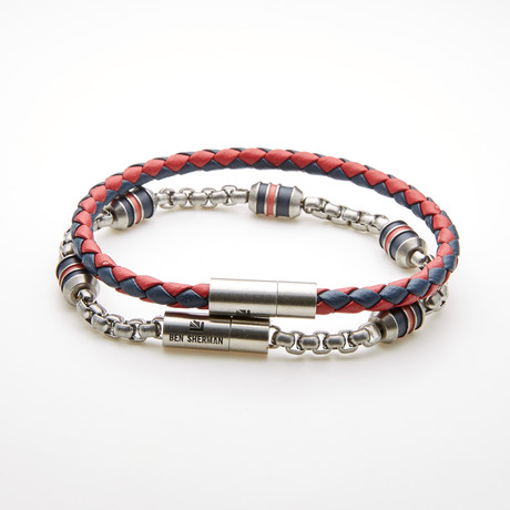 Double Layer Leather Magnetic Chain Bracelet // Red + Blue