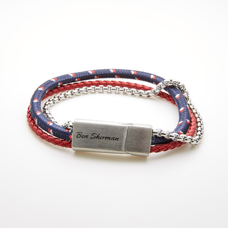 Triple Layer Leather Magnetic Chain Bracelet // Red + Blue