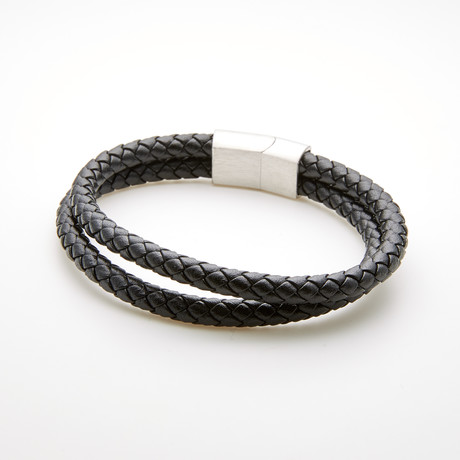 Braided Double Layer Magnetic Leather Bracelet // Black + White
