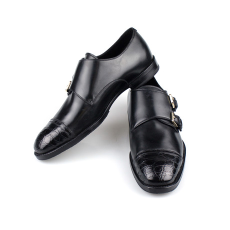 Brioni // Leather + Crocodile Toe Double Monkstrap Dress Shoes // Black (US: 7)