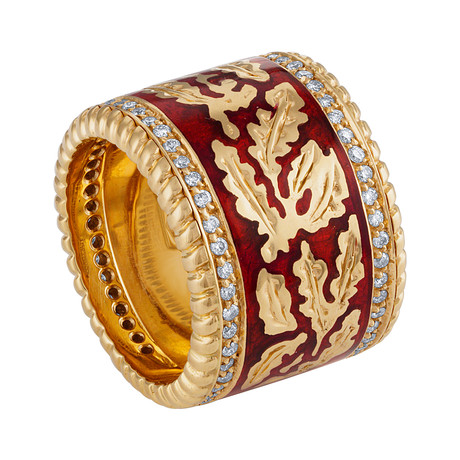 Nouvelle Bague Foglie d'Acanto 18k Yellow Gold Diamond + Red Enamel Ring // Ring Size: 7