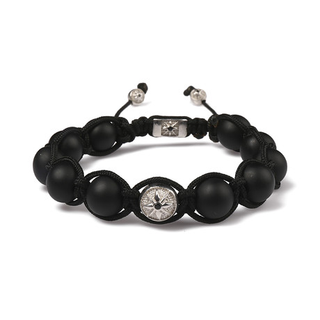 Matte Onyx Stone Tribal Beaded Bracelet // Black + Silver (S)