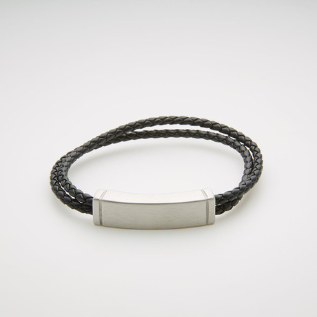 Curved Bar + Braided Leather Double Stranded Magnetic Bracelet // Black + White