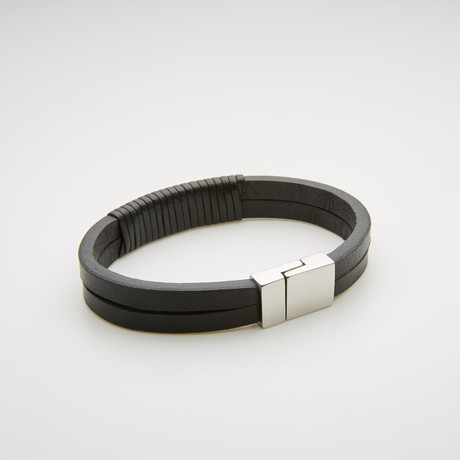 Cord + Leather Double Stranded Magnetic Bracelet // Black + White