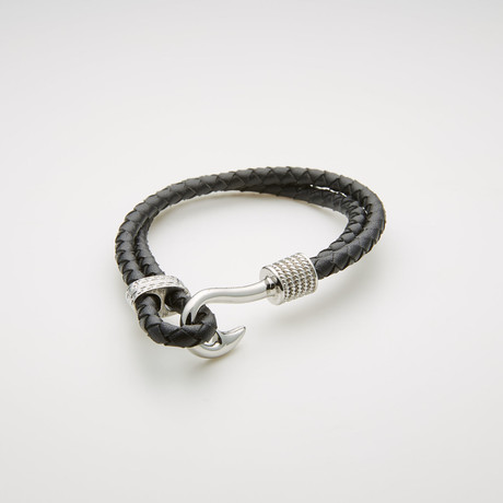 Hook + Double Stranded Braided Leather Bracelet // Black + White