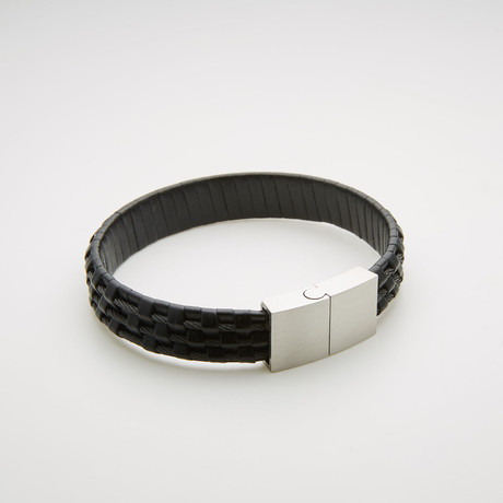 Wide Woven Leather Magnetic Bracelet // Black + White