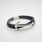 Anchor + Braided Leather Double Stranded Magnetic Bracelet // Navy Blue