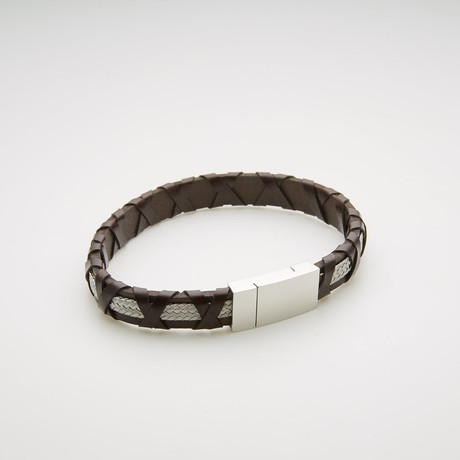 X Design Leather + Wire Magnetic Bracelet // Brown + White