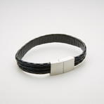 Wide Woven Leather Magnetic Bracelet // Blue + Black