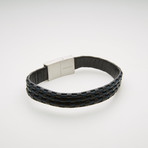 Wide Woven Leather Magnetic Bracelet // Blue + Black
