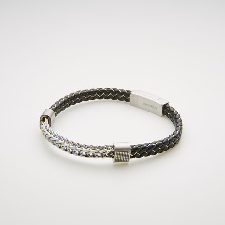 Wheat Link + Braided Leather Magnetic Bracelet // Black + White