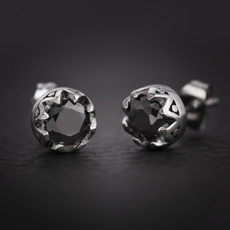 Cubic Zirconia Round Stud Earrings // Black + Silver