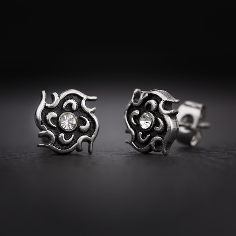 Crystal Spiral Floral Design Stud Earrings // Black + Silver