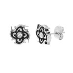 Crystal Spiral Floral Design Stud Earrings // Black + Silver