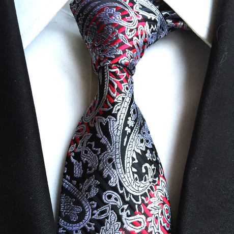 Handmade Silk Tie // Silver + Red + Black Paisley
