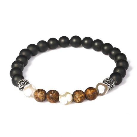 Onyx + Tibetan Beaded Bracelet // Black + White + Brown (S)