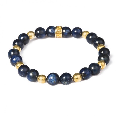 Blue Stone Beaded Beaded Bracelet // Gold (S)