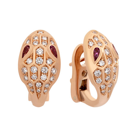 Vintage Bulgari 18k Rose Gold Serpenti Diamond Rubellite Earrings
