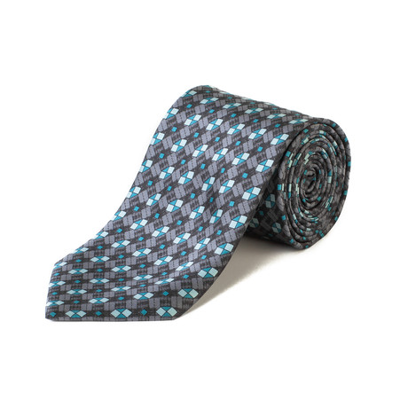 Brioni // Silk Geometric Pattern Tie // Gray + Blue