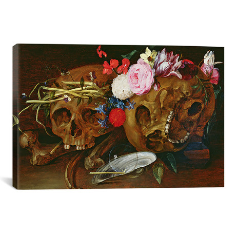 Vanitas Still Life with Skulls, Flowers, a pearl mussel shell // Nicolaes van Veerendael (26" W x 18" H x 0.75" D)