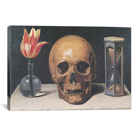 Vanitas Still Life with a Tulip, Skull and Hour-Glass // Philippe de Champaigne (26"W x 18"H x 0.75"D)