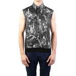 Cotton Sleeveless Tropical Print Dress Shirt // Black + White (L)