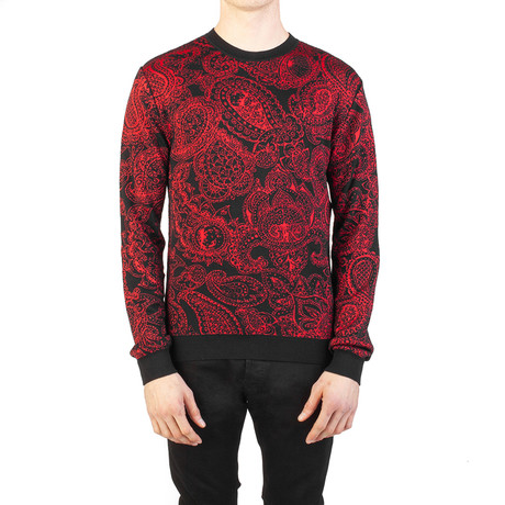 Baroque Paisley Wool Blend Crewneck Sweater // Black + Red (S)