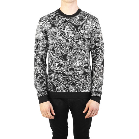 Baroque Paisley Wool Blend Crewneck Sweater // Black + White (Small)